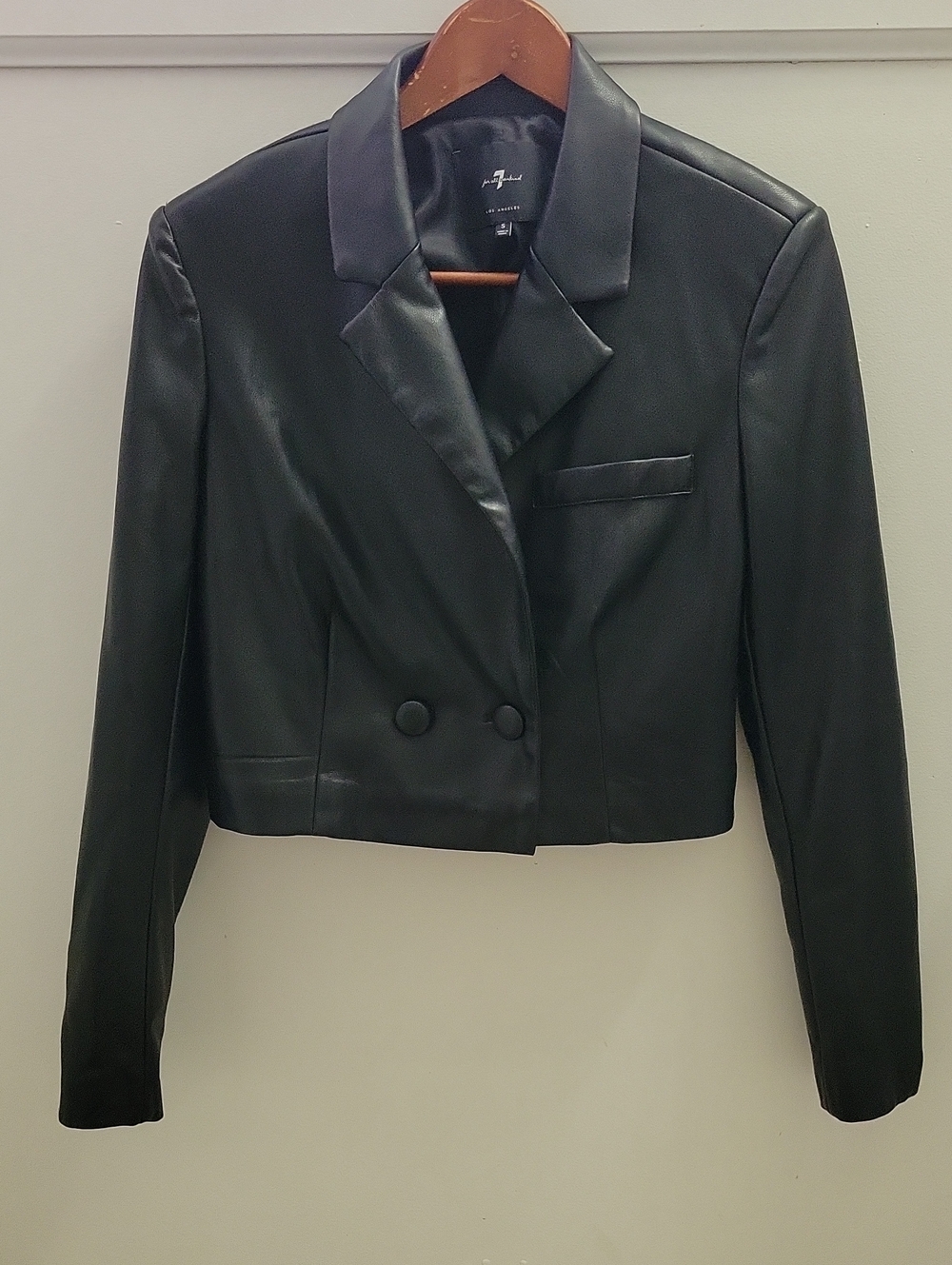 7 For All Mankind Black Faux Leather Cropped Blazer Size Small